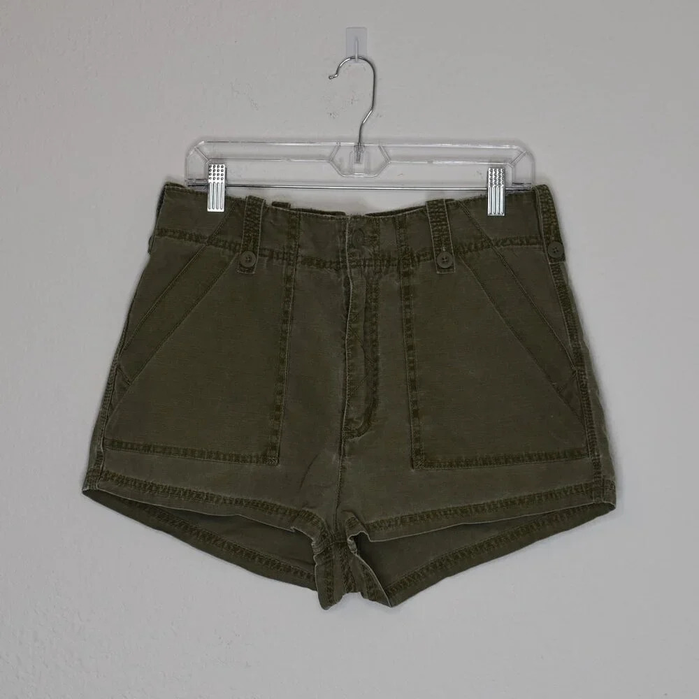 Free People Cargo Shorts Sz 10 High Rise Cotton Green Neutral Boho Military